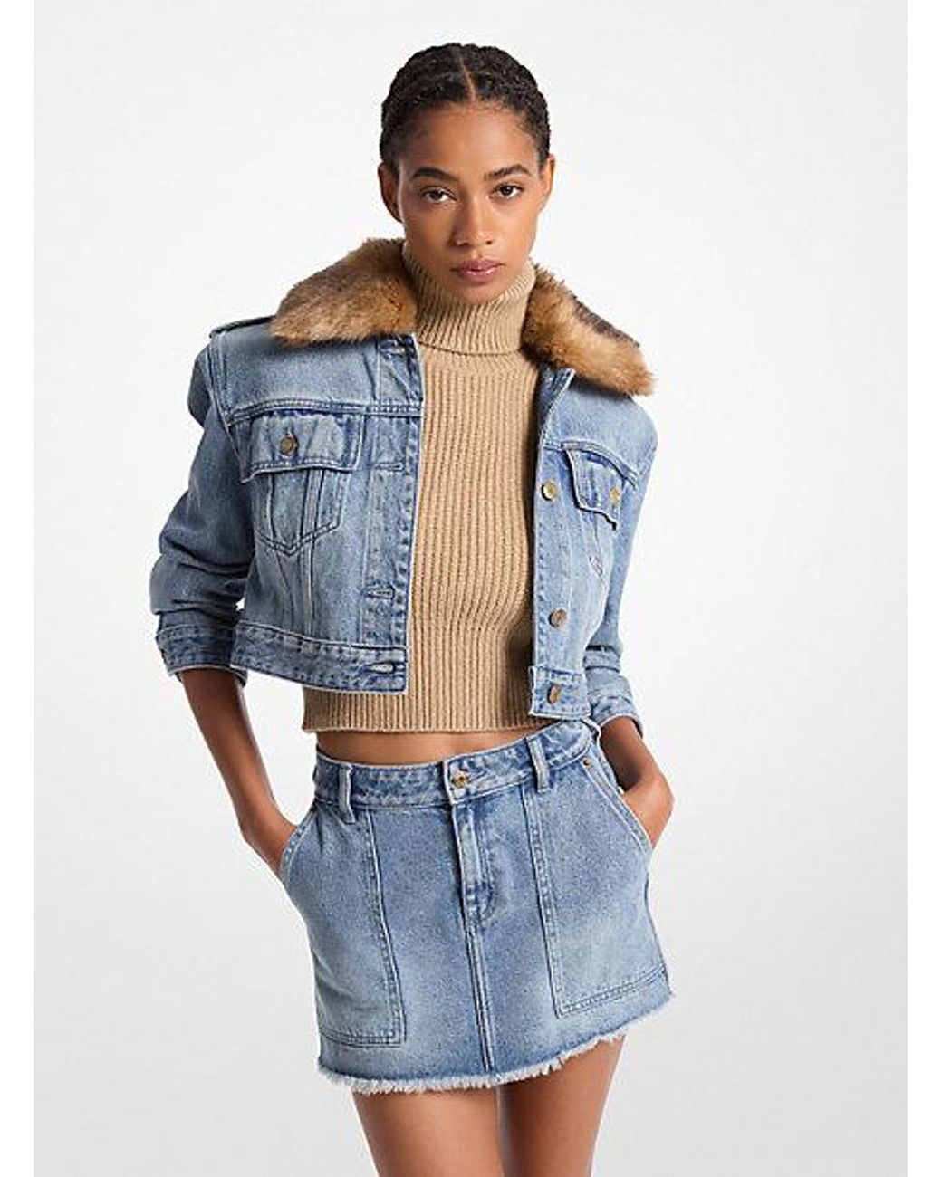 Blue faux fur cropped jacket best sale