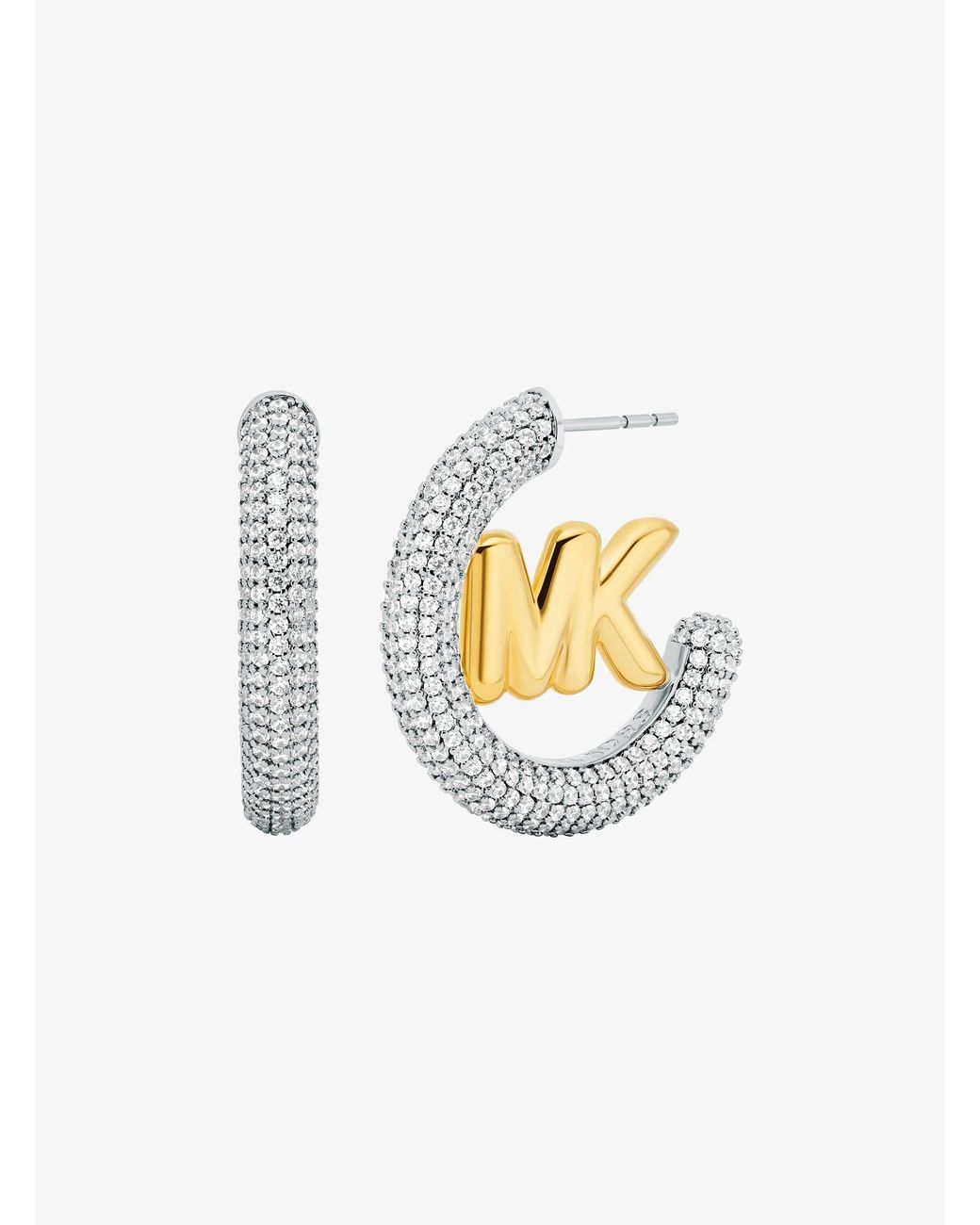 Michael Kors White Large Pavé Logo Charm Two-Tone Hoop Earrings