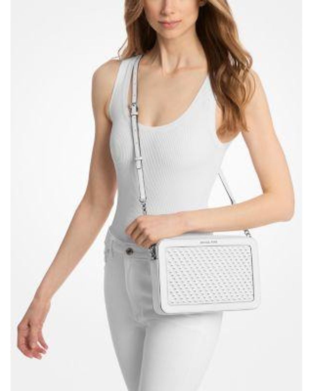 Michael Kors White Jet Set Large Woven Crossbody Bag