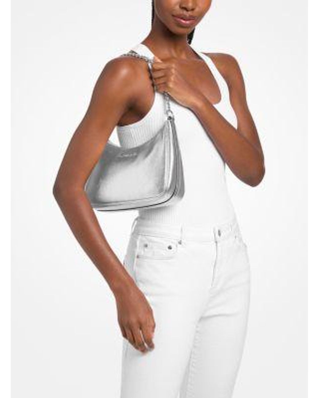 Michael Kors White Jet Set Travel Large Metallic Convertible Crossbody Bag