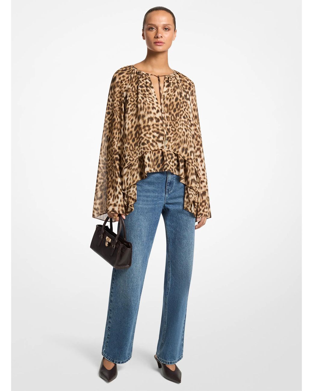 MICHAEL Michael Kors Blue Mk Leopard Print Georgette High-Low Blouse