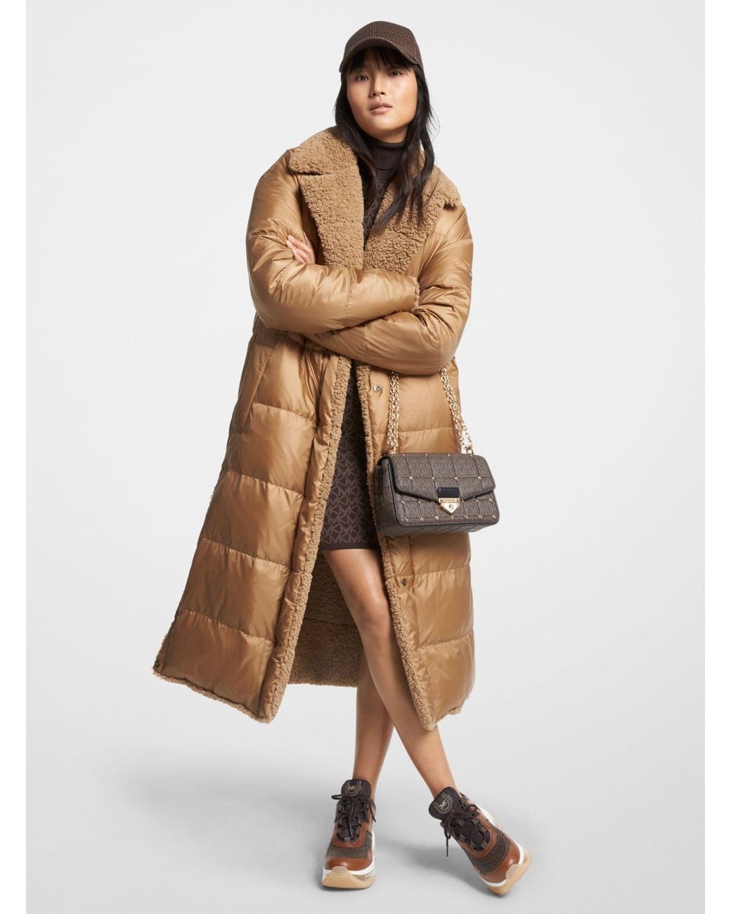 quilted ciré and faux shearling reversible puffer coat