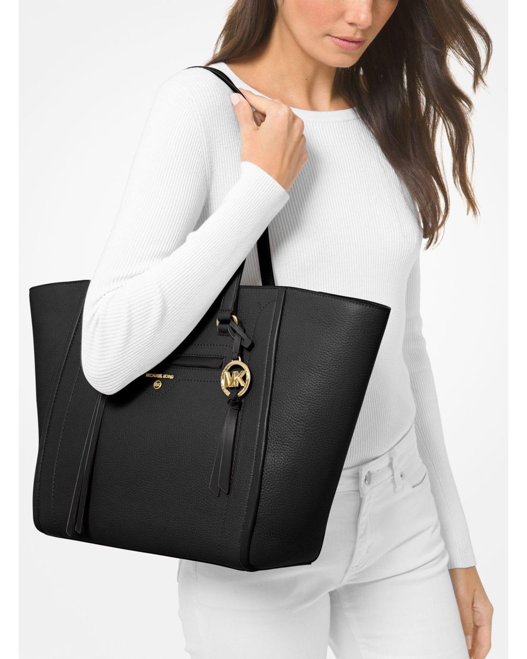 Michael Kors Carine Large Pebbled Leather Tote Bag in Black | Lyst
