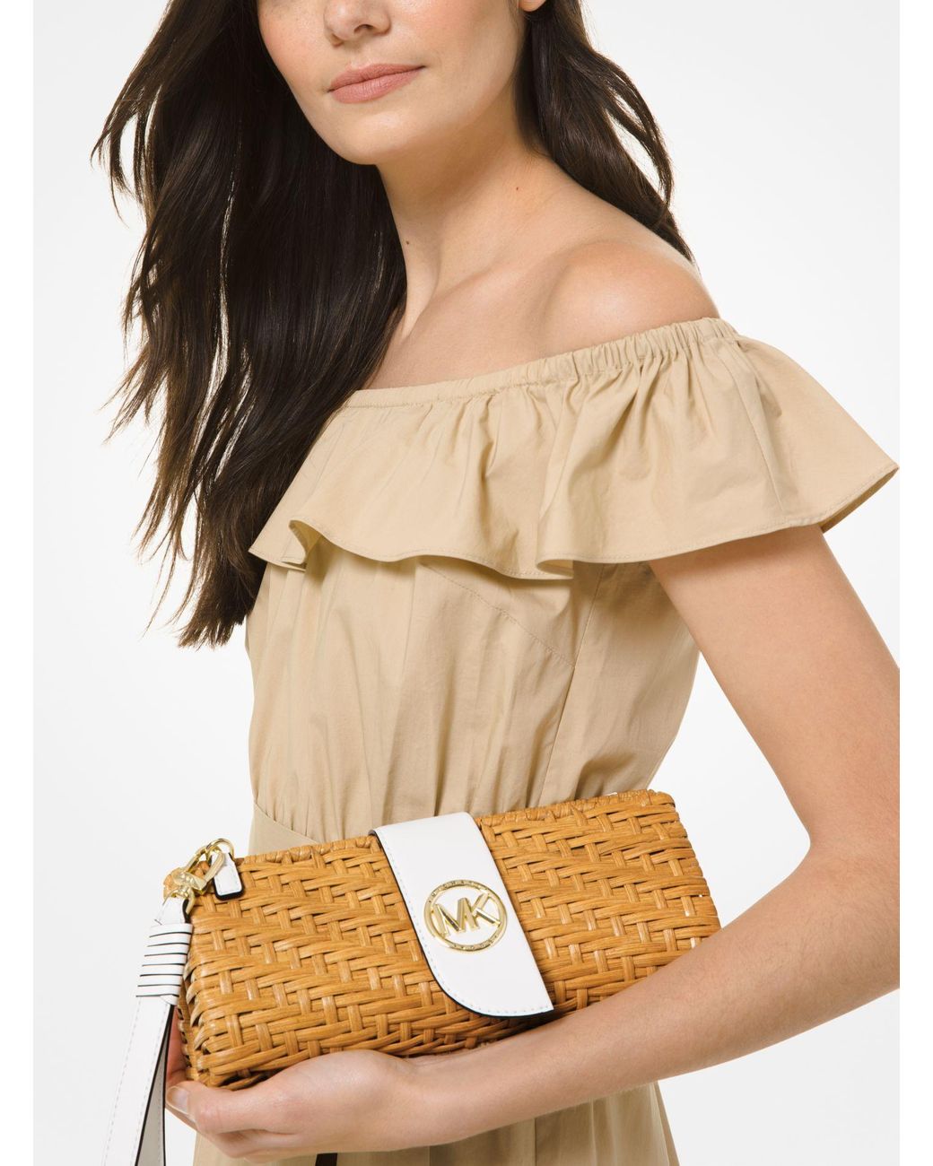 Michael Kors Mk Malibu Medium Rattan Convertible Clutch in Natural