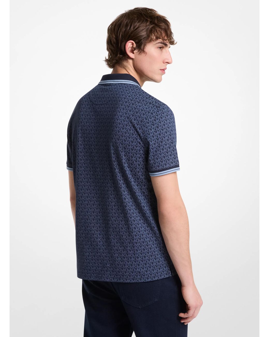 Michael Kors Blue Mk Greenwich Signature Logo Print Cotton Polo Shirt for men