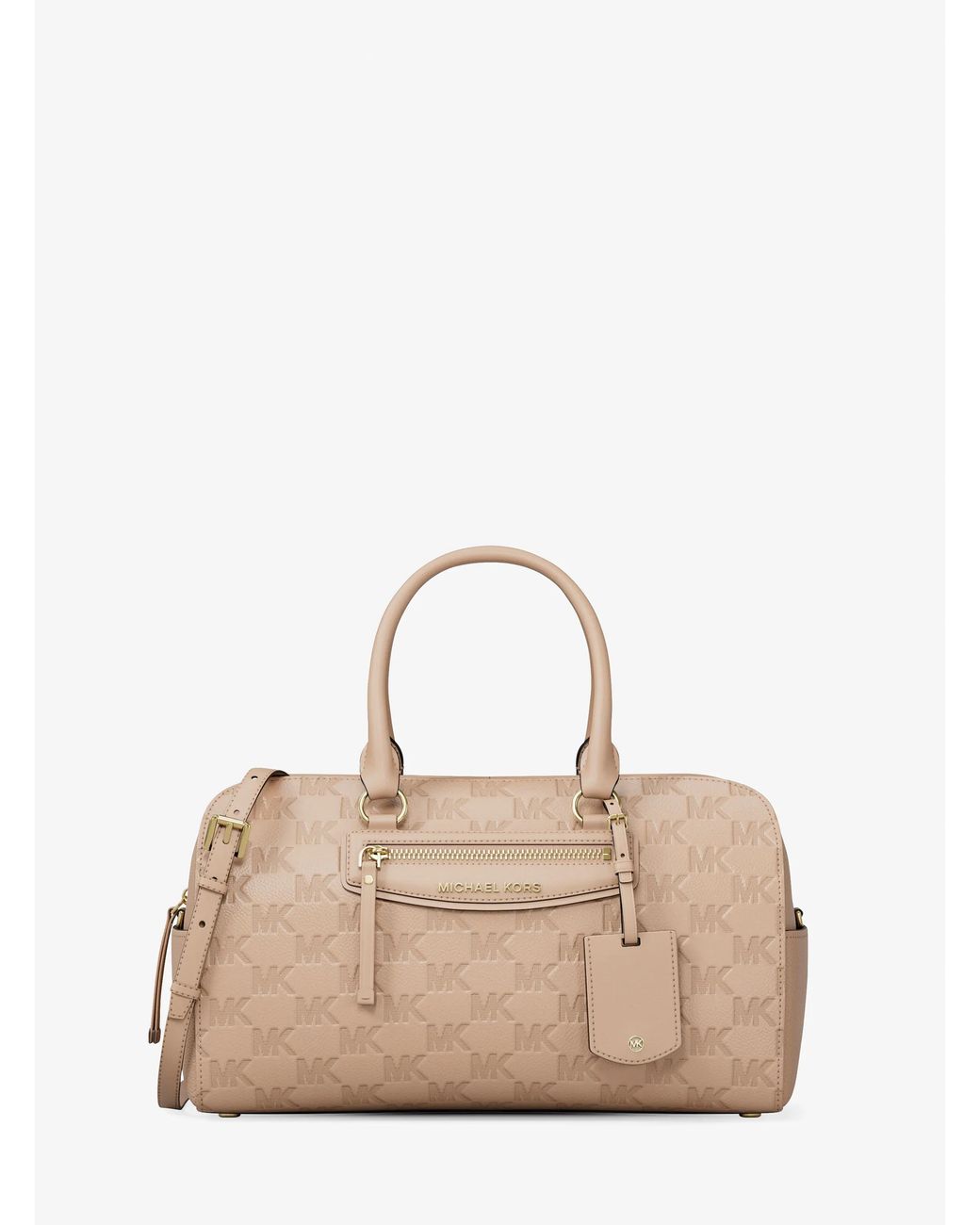 MICHAEL Michael Kors Natural Mk Jet Set Travel Medium Logo Embossed Leather Duffel Crossbody Bag