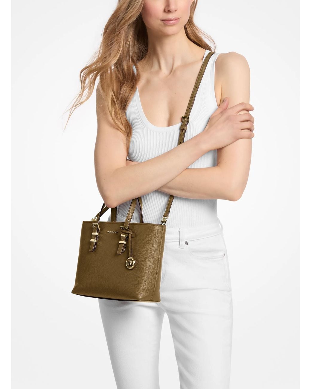 MICHAEL Michael Kors Brown Mk Quinn Small Pebbled Leather Convertible Crossbody Bag