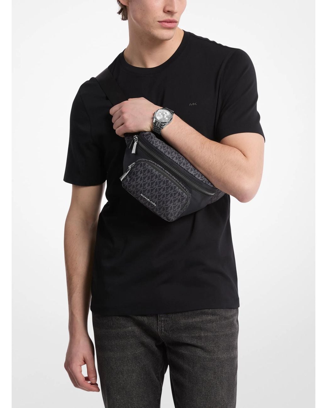 Michael Kors Gray Mk Tanner Signature Logo Print Nylon Utility Sling Pack for men