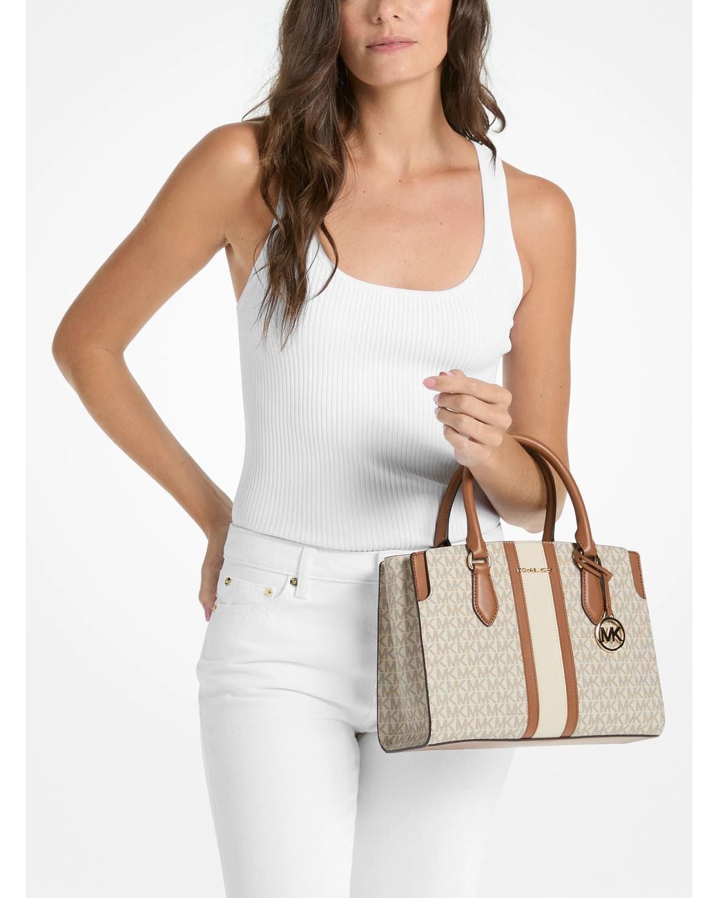 MICHAEL Michael Kors Natural Mk Becca Medium Signature Logo Stripe Satchel