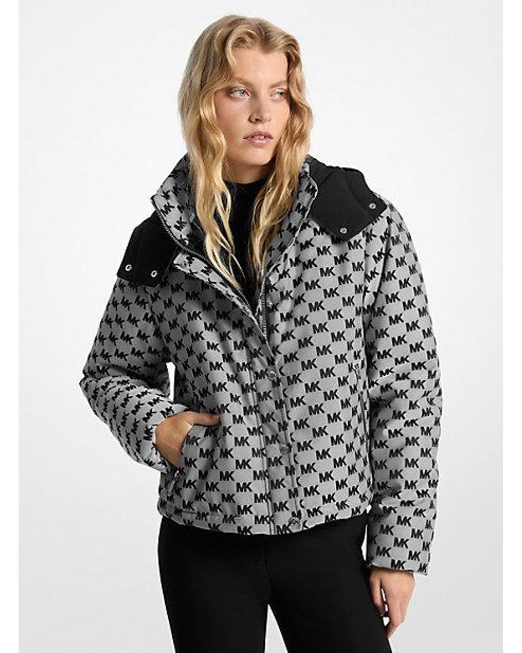 Michael Kors Logo Jacquard Hooded Puffer Jacket in Gray | Lyst