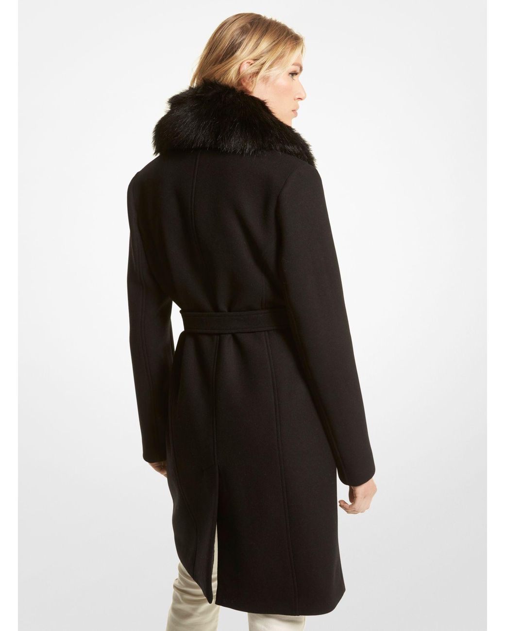 Michael Kors Faux Fur-collar Wool Blend Coat in Black | Lyst