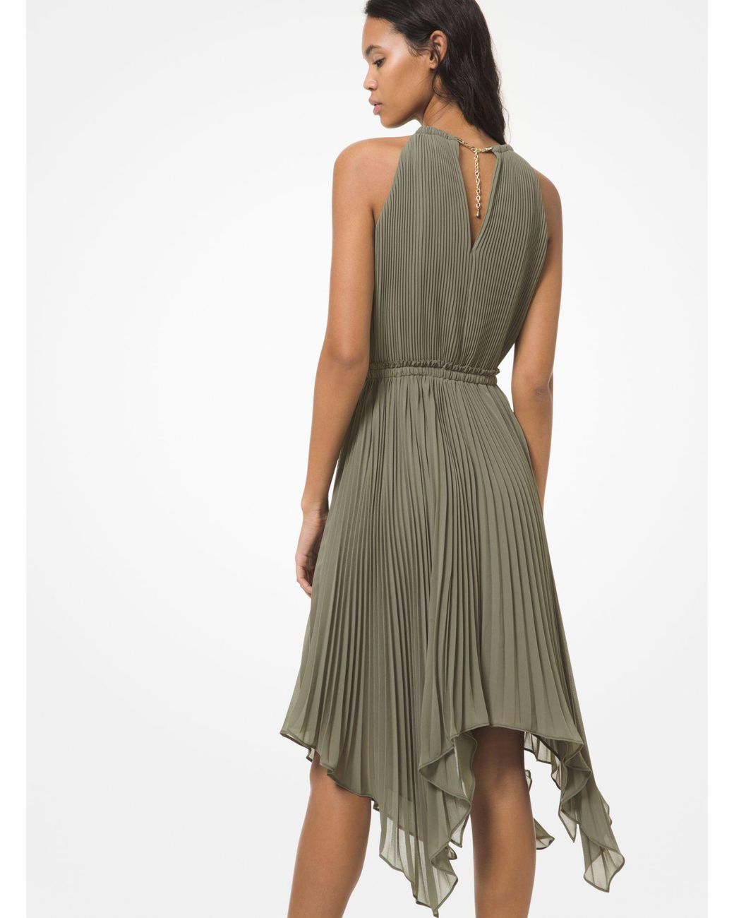 Michael Kors Synthetic Pleated Georgette Halter Dress in Army 