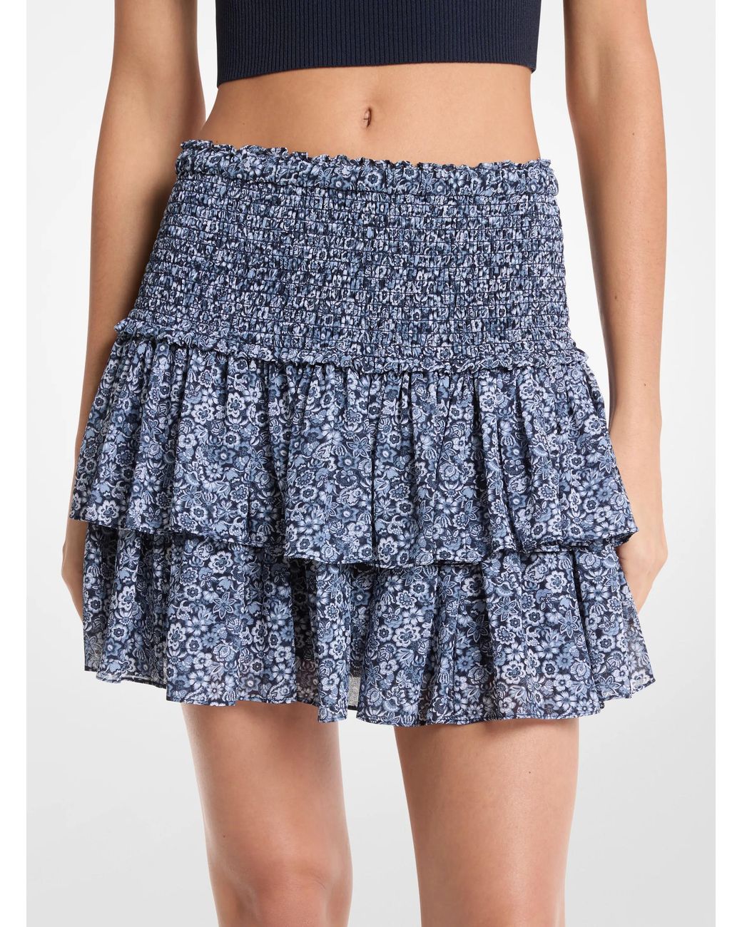 MICHAEL Michael Kors Blue Mk Floral Print Georgette Smocked Mini Skirt