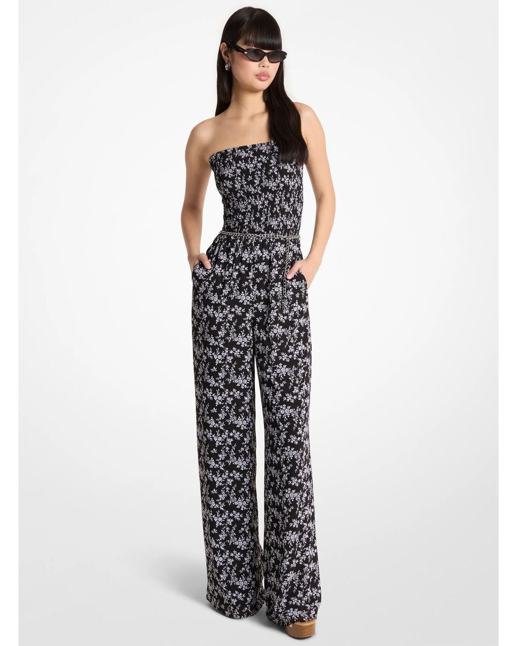 MICHAEL Michael Kors White Mk Floral Print Smocked Georgette Belted Jumpsuit