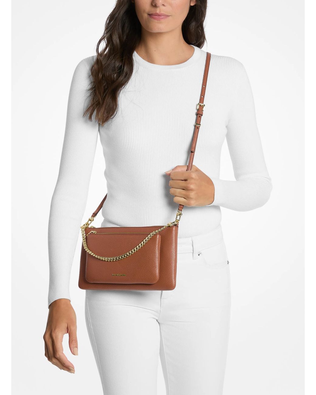 MICHAEL Michael Kors Brown Mk Jet Set Medium Pebbled Leather Convertible Crossbody Bag