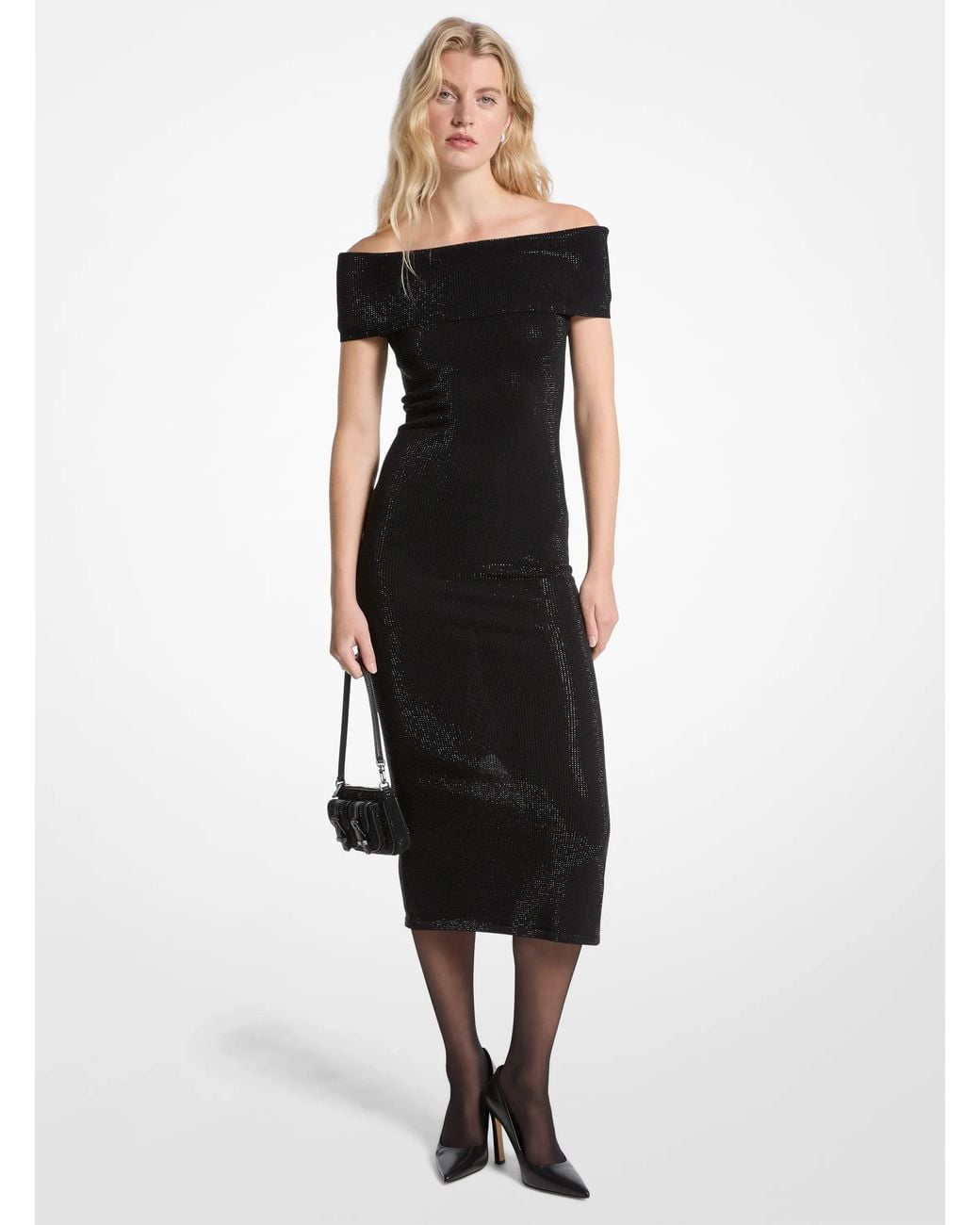MICHAEL Michael Kors Black Mk Embellished Stretch Knit Off-The-Shoulder Dress