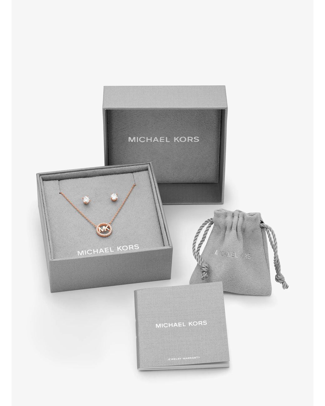 Michael Kors White Mk 14K-Plated Sterling Pavé Logo Charm Necklace And Stud Earrings Set