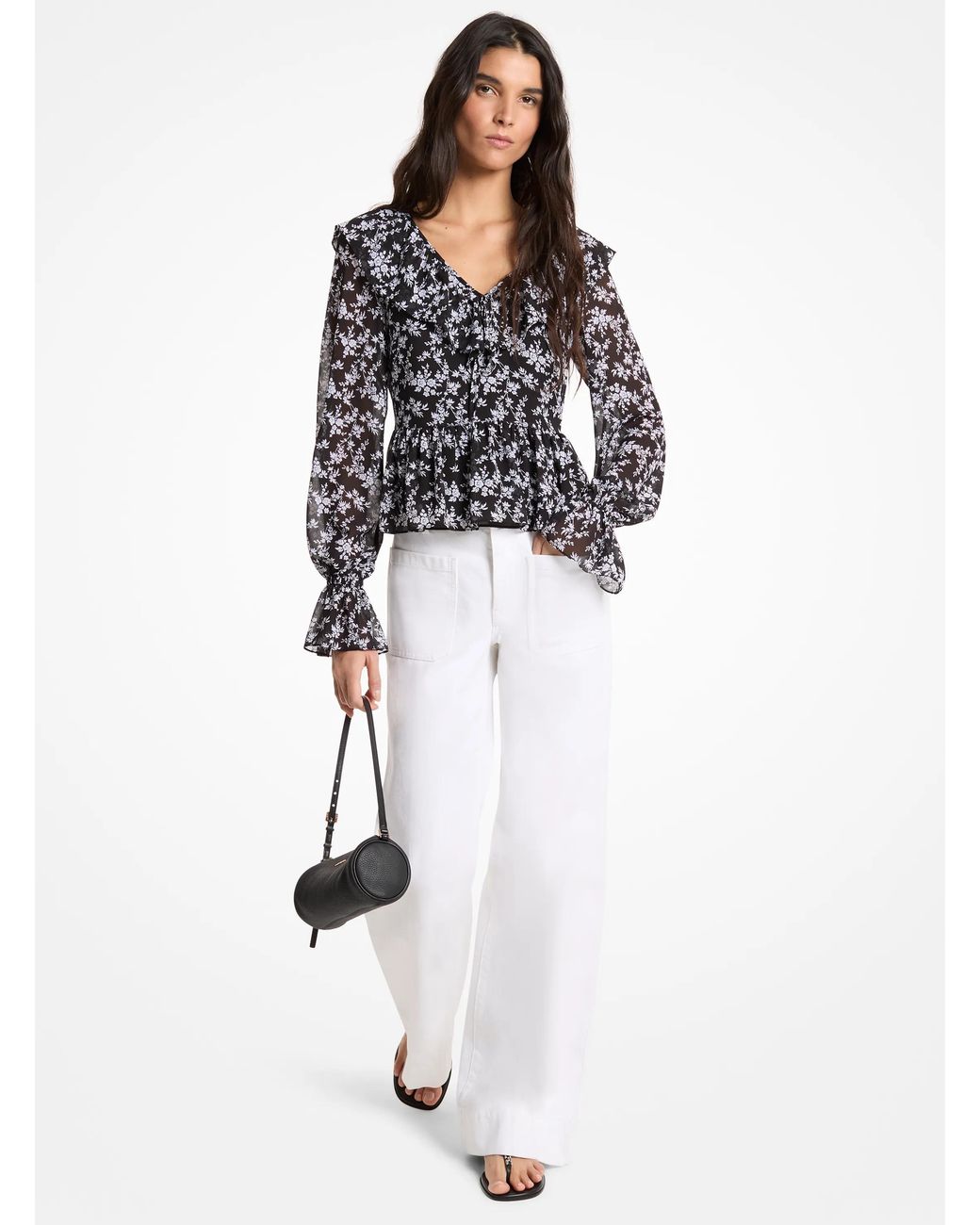 MICHAEL Michael Kors White Mk Floral Print Georgette Ruffled Blouse
