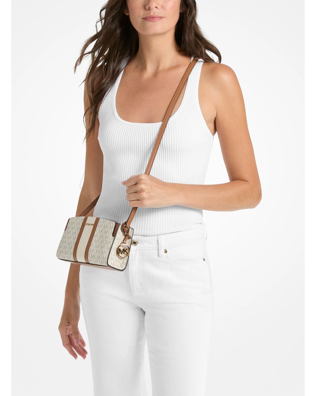 MICHAEL Michael Kors Natural Mk Becca Small Signature Logo Stripe Crossbody Bag