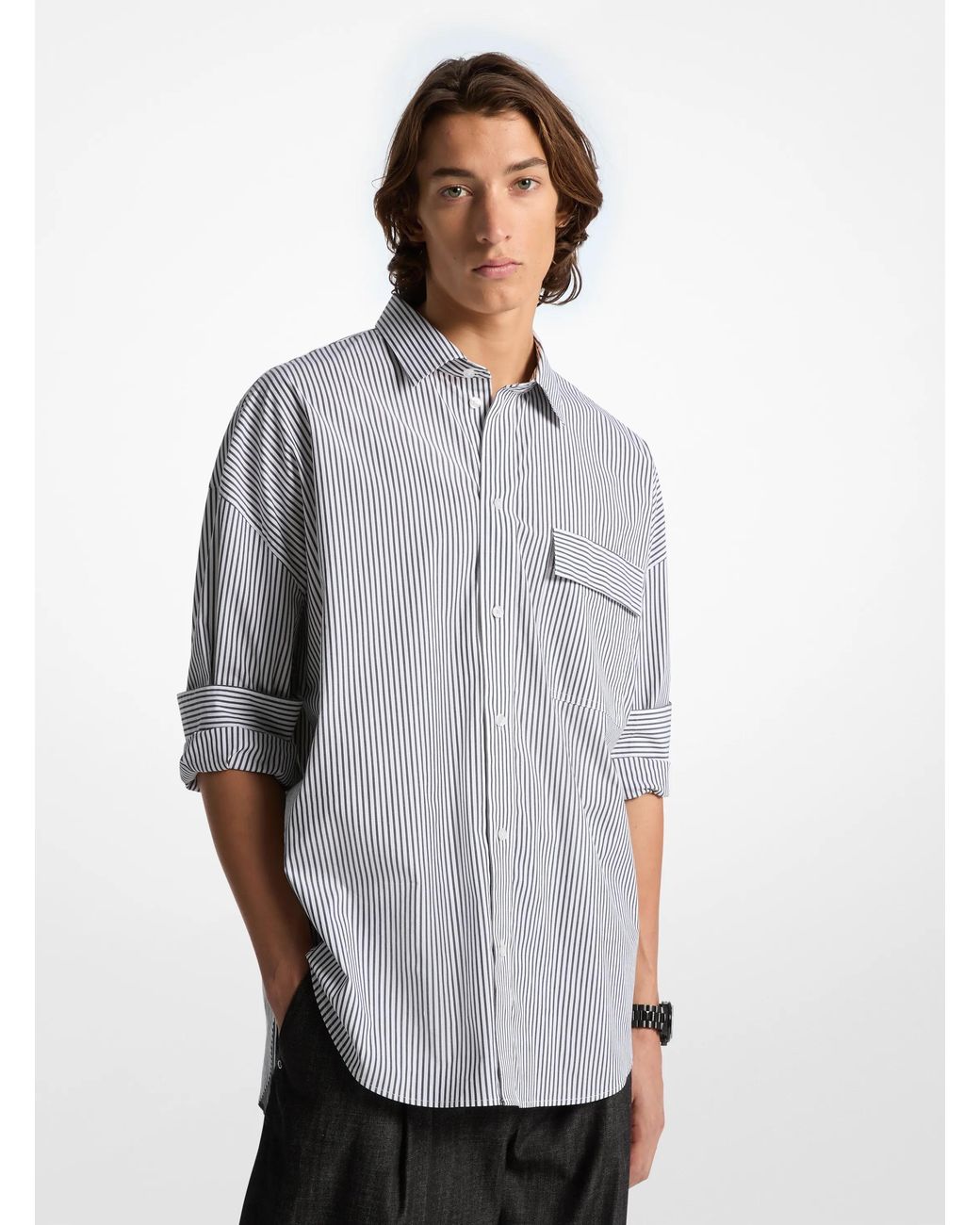 Michael Kors Gray Mk Oversized Striped Stretch Cotton Poplin Shirt for men