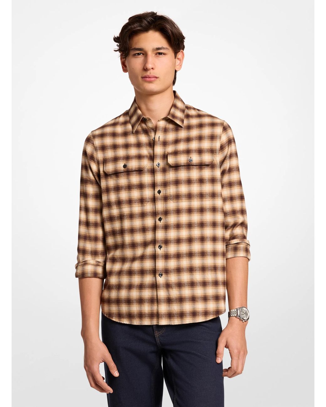 Michael Kors Brown Mk Plaid Brushed Cotton-Twill Shirt for men
