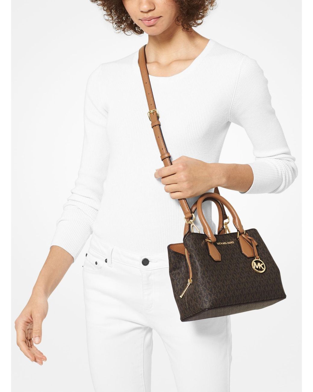 MICHAEL Michael Kors Camille Small Logo And Leather Satchel in Brown | Lyst