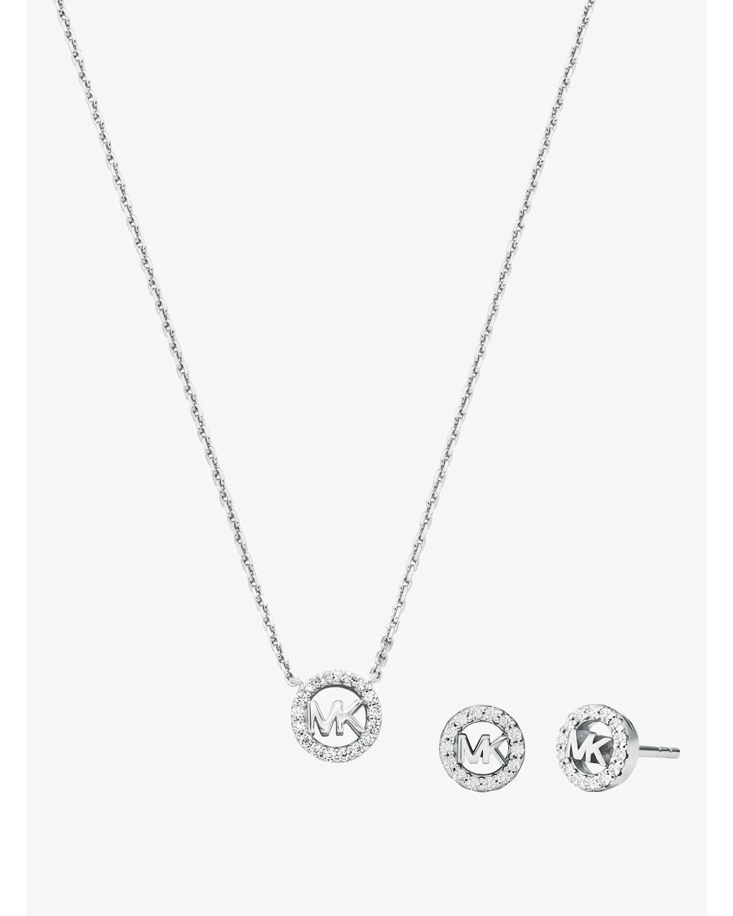 Michael Kors White Mk Fulton Precious-Metal Plated Sterling Pavé Logo Charm Necklace And Earrings Gift Set