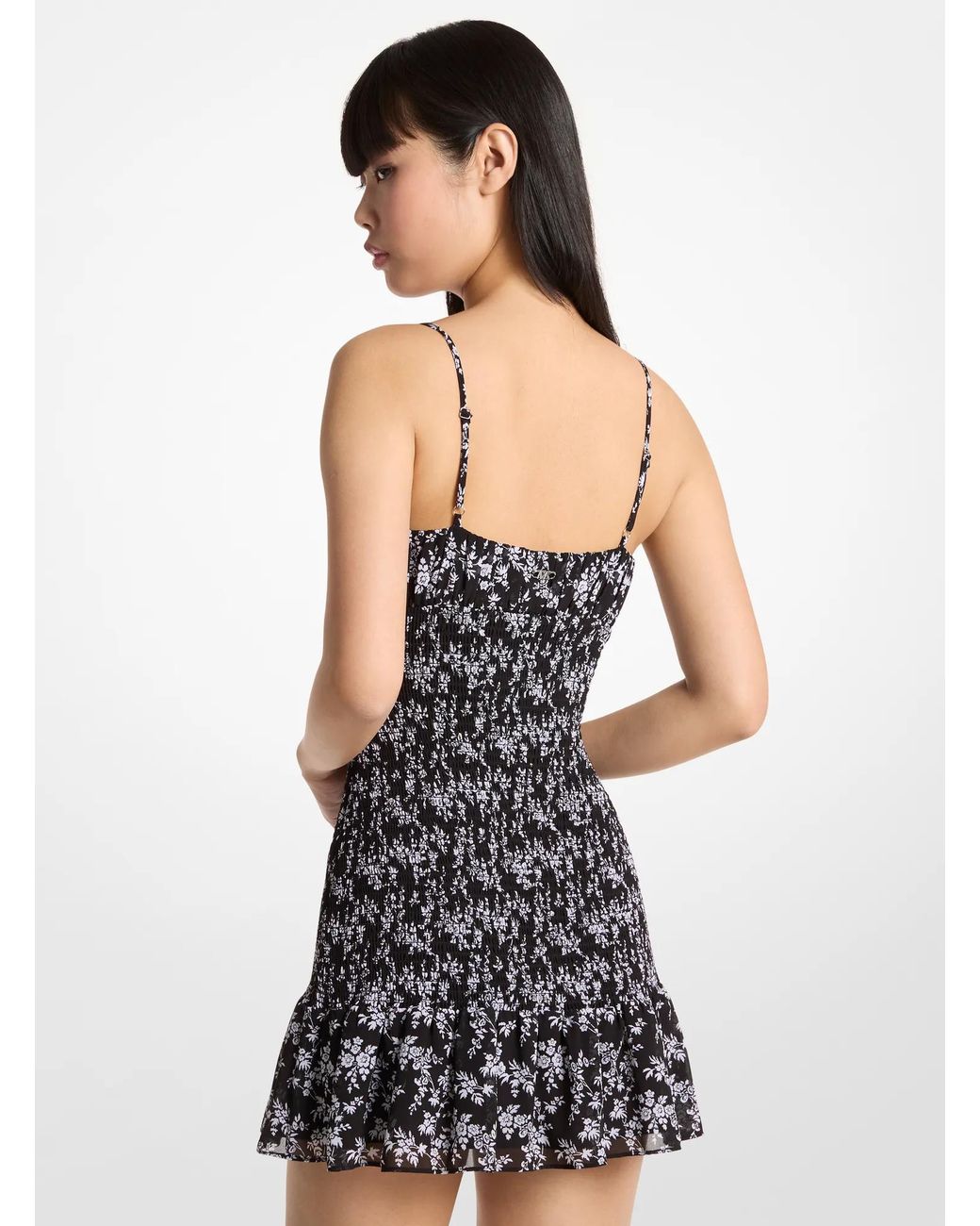 MICHAEL Michael Kors White Mk Floral Print Georgette Smocked Dress