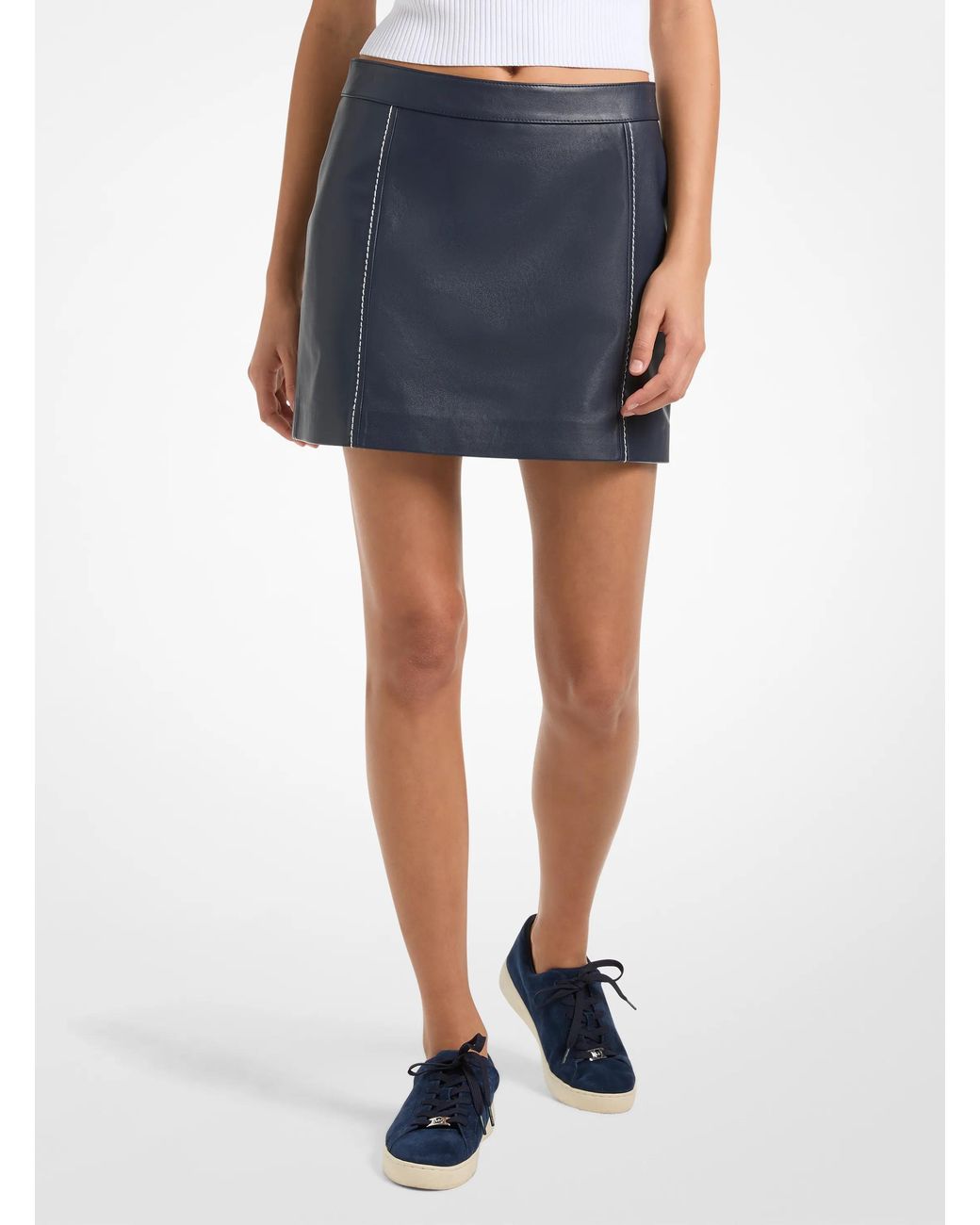 MICHAEL Michael Kors Blue Mk Contrast-Trim Leather Mini Skirt
