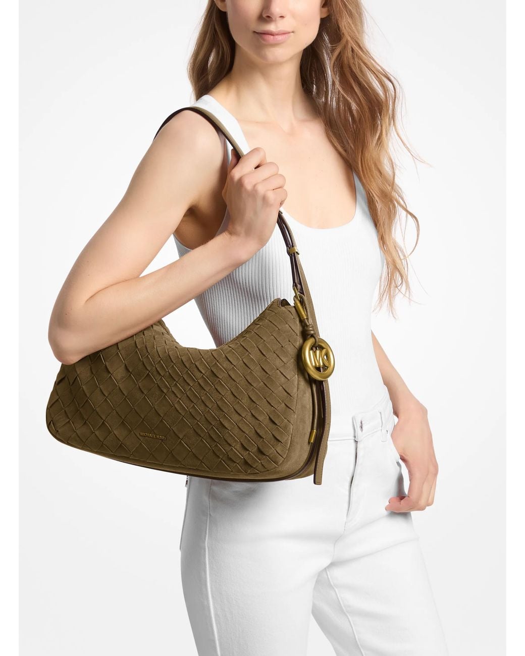 MICHAEL Michael Kors Green Michael Kors Nolita Medium Hand-Woven Suede Shoulder Bag