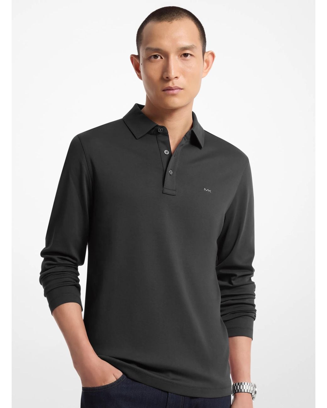 Michael Kors Black Mk Cotton Long-Sleeve Polo Shirt for men