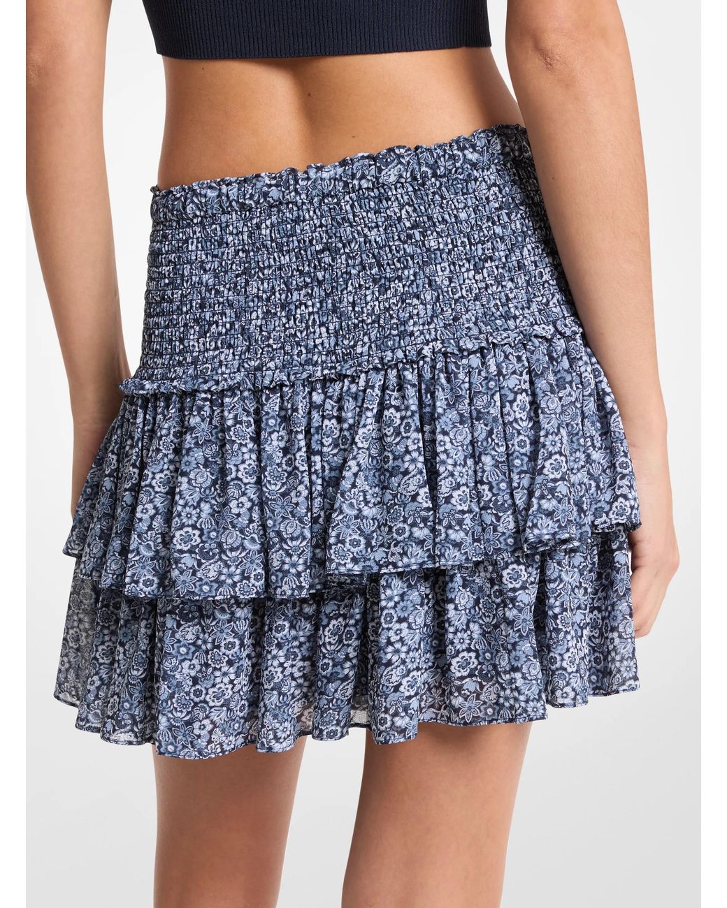 MICHAEL Michael Kors Blue Mk Floral Print Georgette Smocked Mini Skirt