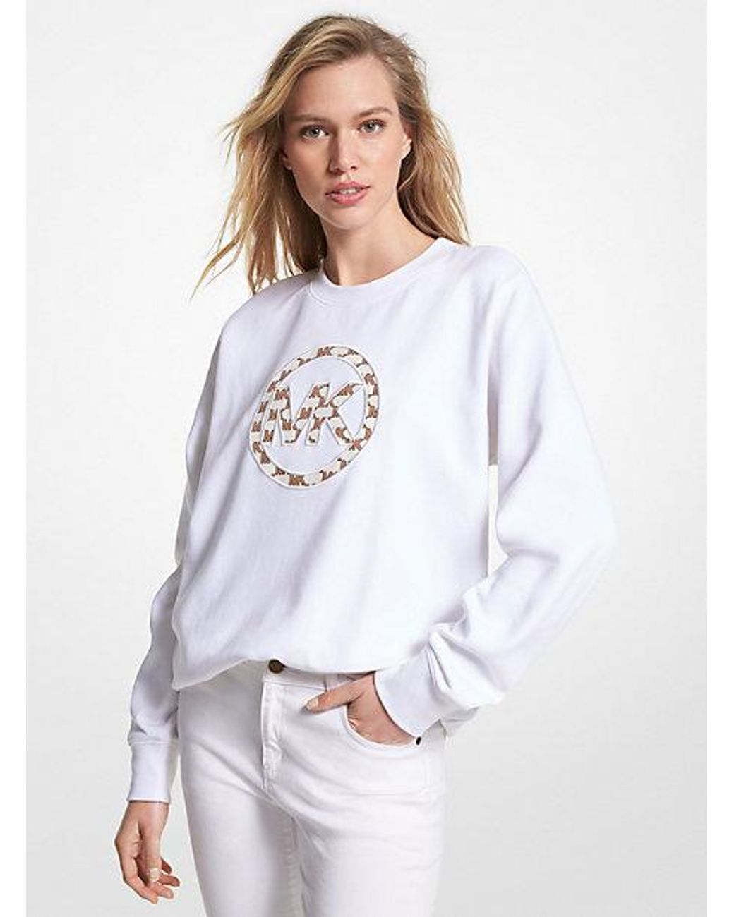 Michael Kors Logo Charm Cotton Blend Sweatshirt in White Lyst