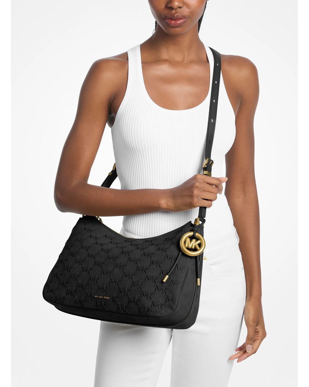 MICHAEL Michael Kors Black Michael Kors Nolita Medium Whipstitched Logo Leather Shoulder Bag