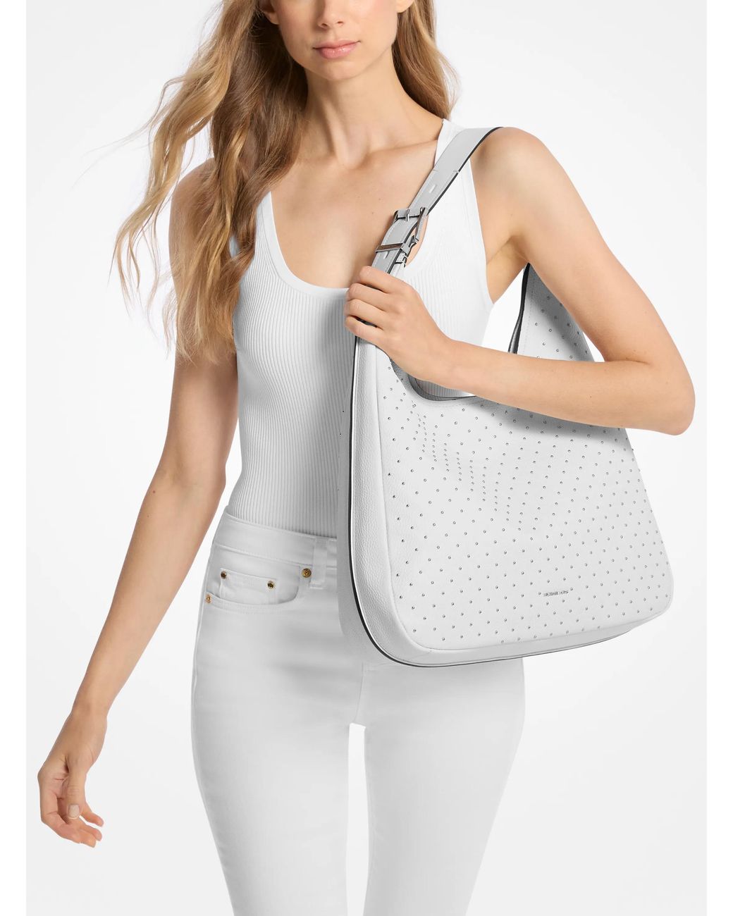 MICHAEL Michael Kors White Mk Nolita Large Studded Pebbled Leather Hobo Shoulder Bag