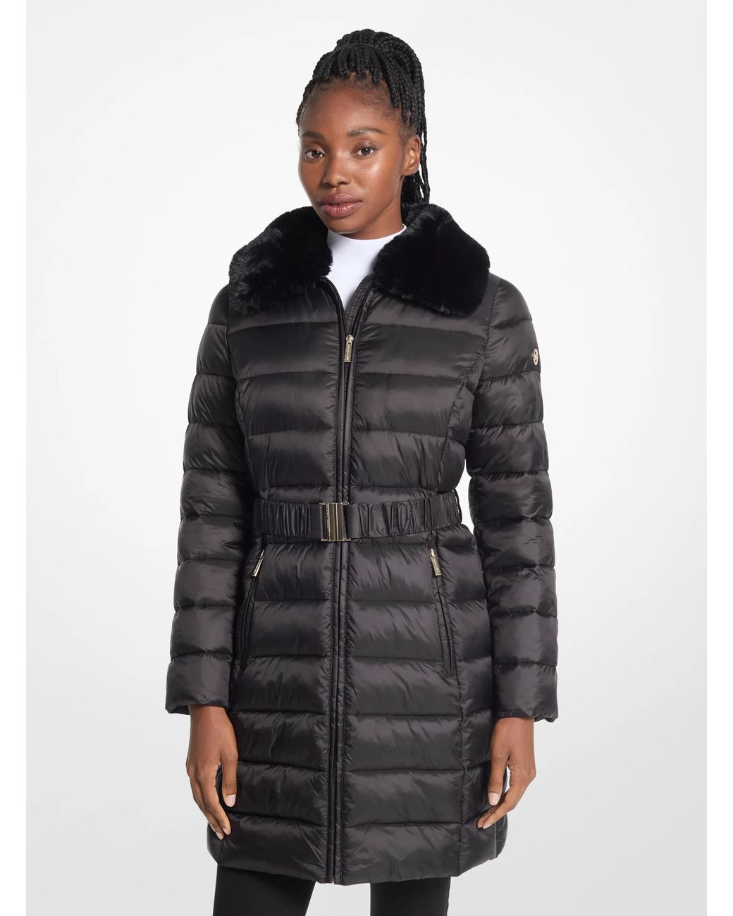 MICHAEL Michael Kors Black Packable Quilted Puffer Coat with Faux Fur