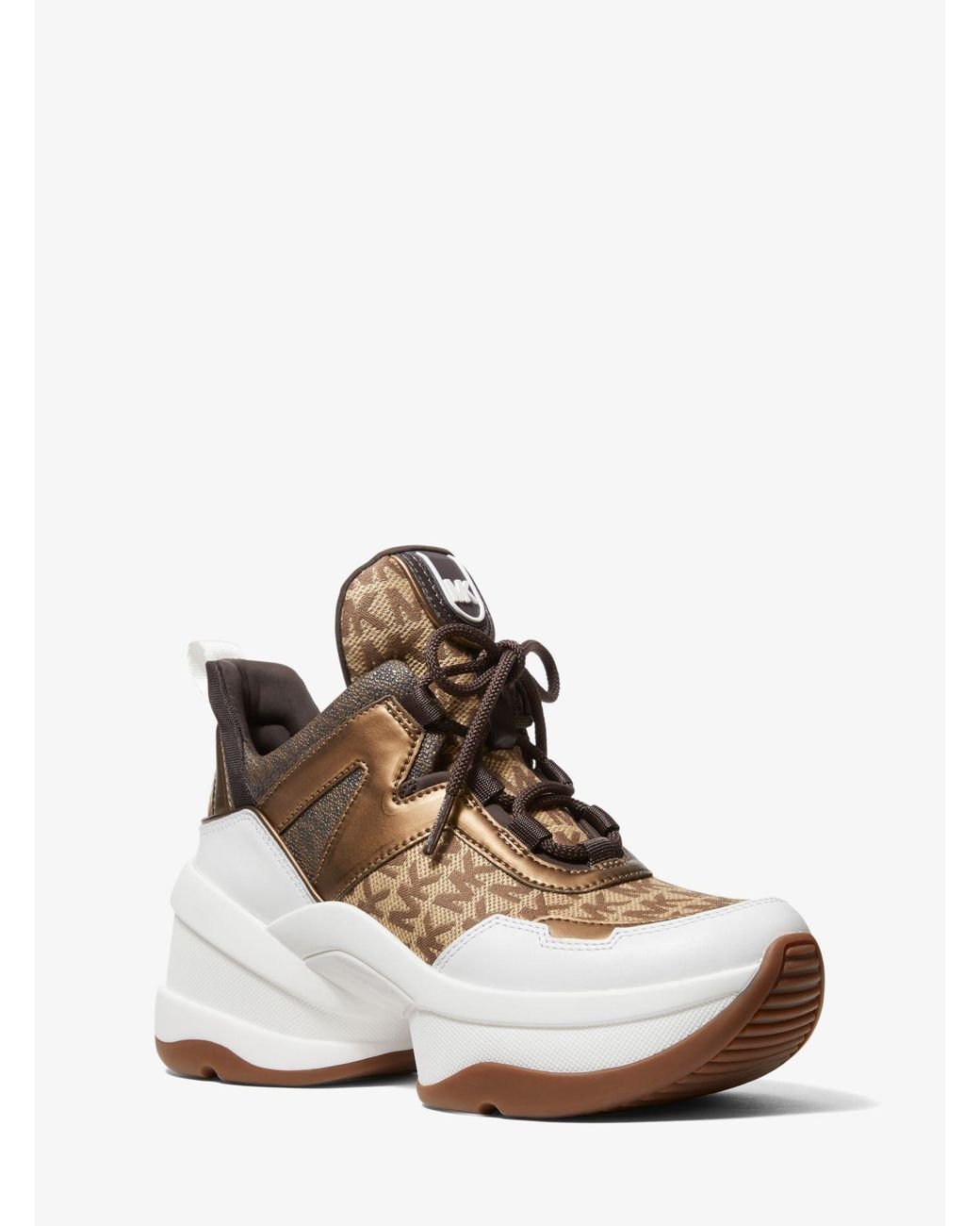 Michael Kors Olympia Logo Jacquard And Metallic Leather Trainer in