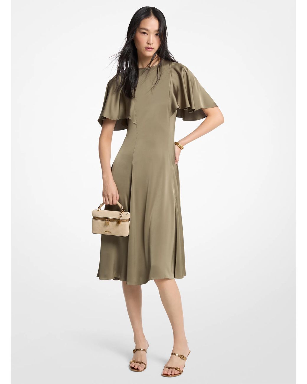 MICHAEL Michael Kors Natural Mk Cape Sleeve Satin Midi Dress
