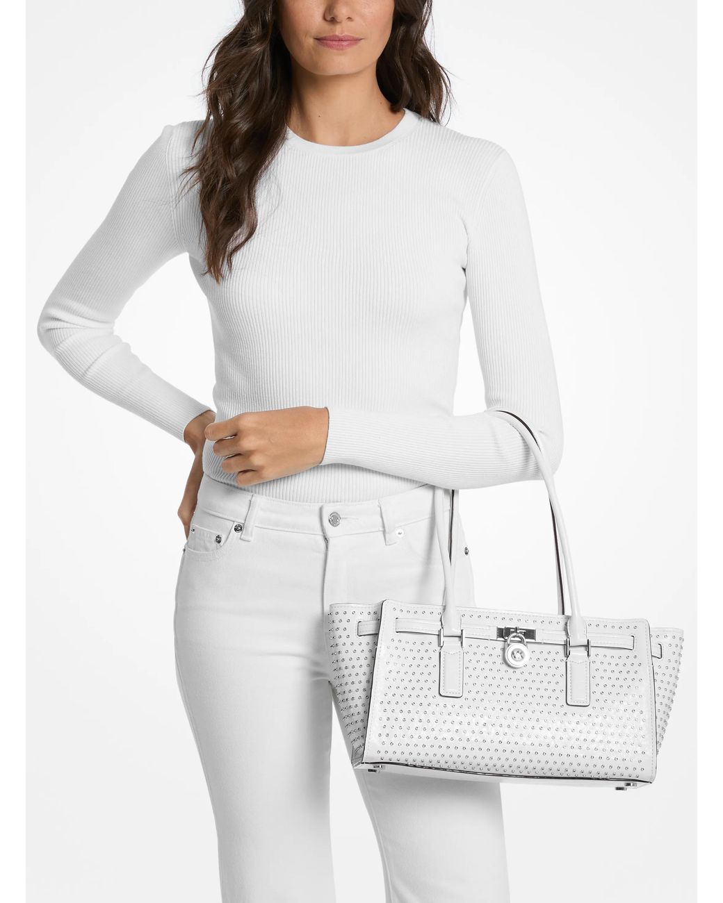 MICHAEL Michael Kors White Mk Hamilton Moderne Small Grommeted Leather Satchel