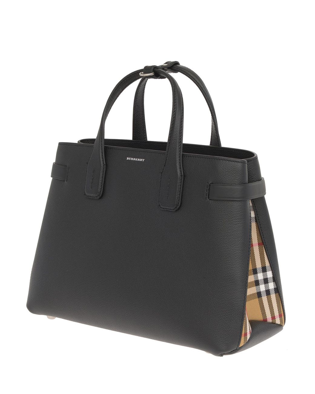 Burberry Medium Banner Shoulder Bag In Grainy Black Leather With Checkered  Side Panels. | Lyst