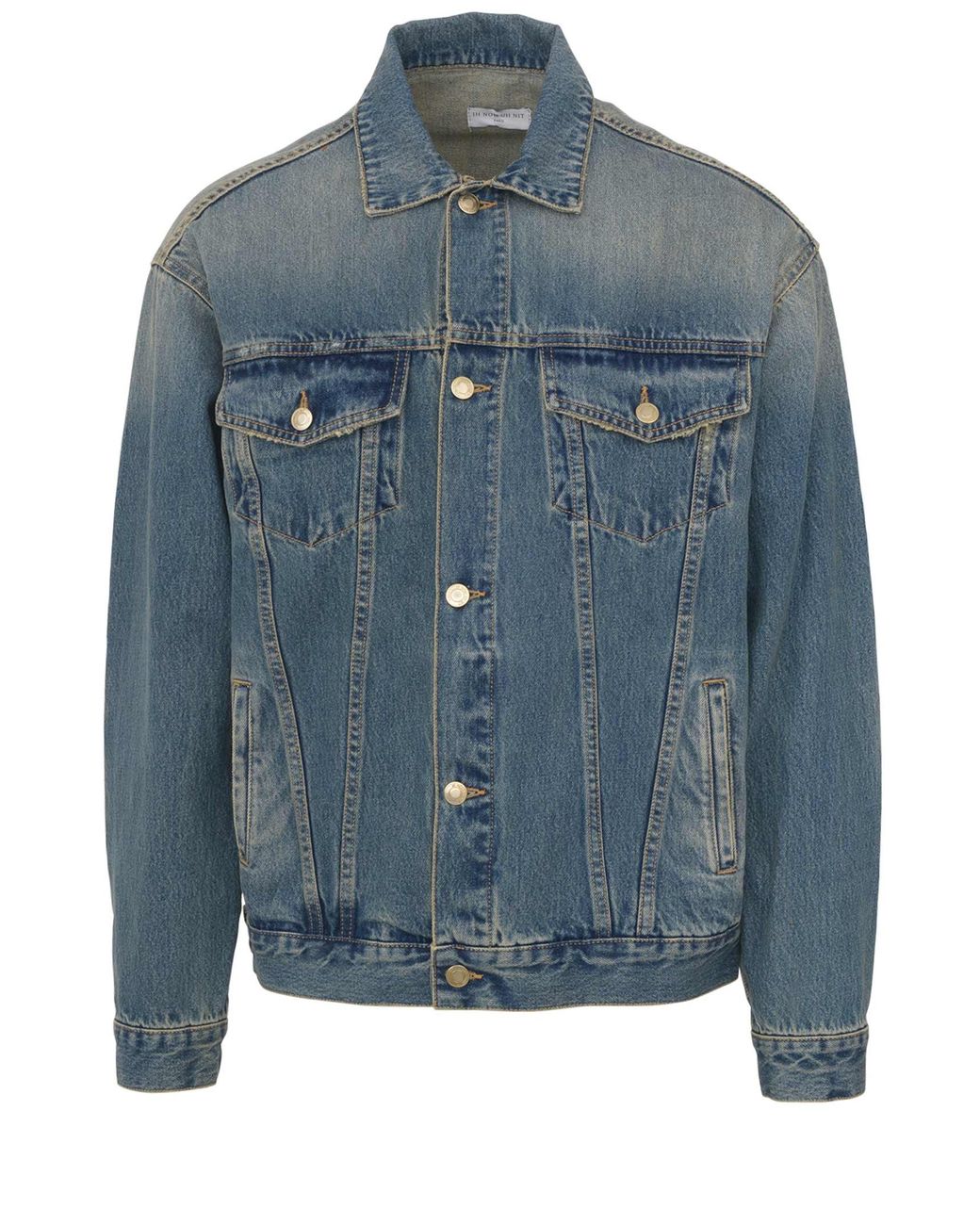 ih nom uh nit Men's Blue Denim Jacket With Used Effect And Patch Of Jesus'  Image On The Back.