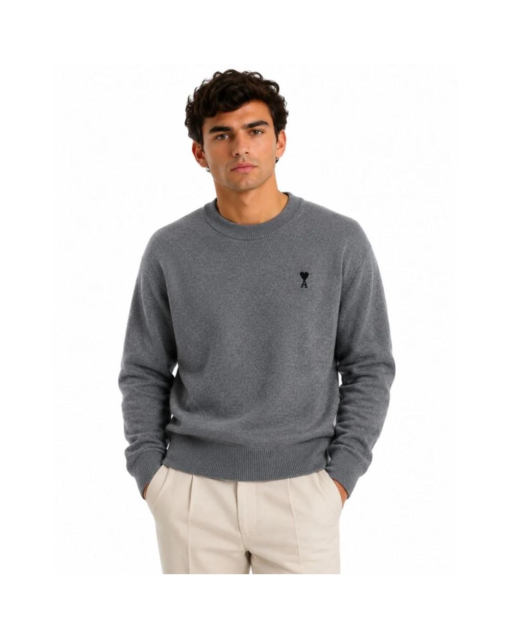 AMI Gray Round-Neck Knitwear for men