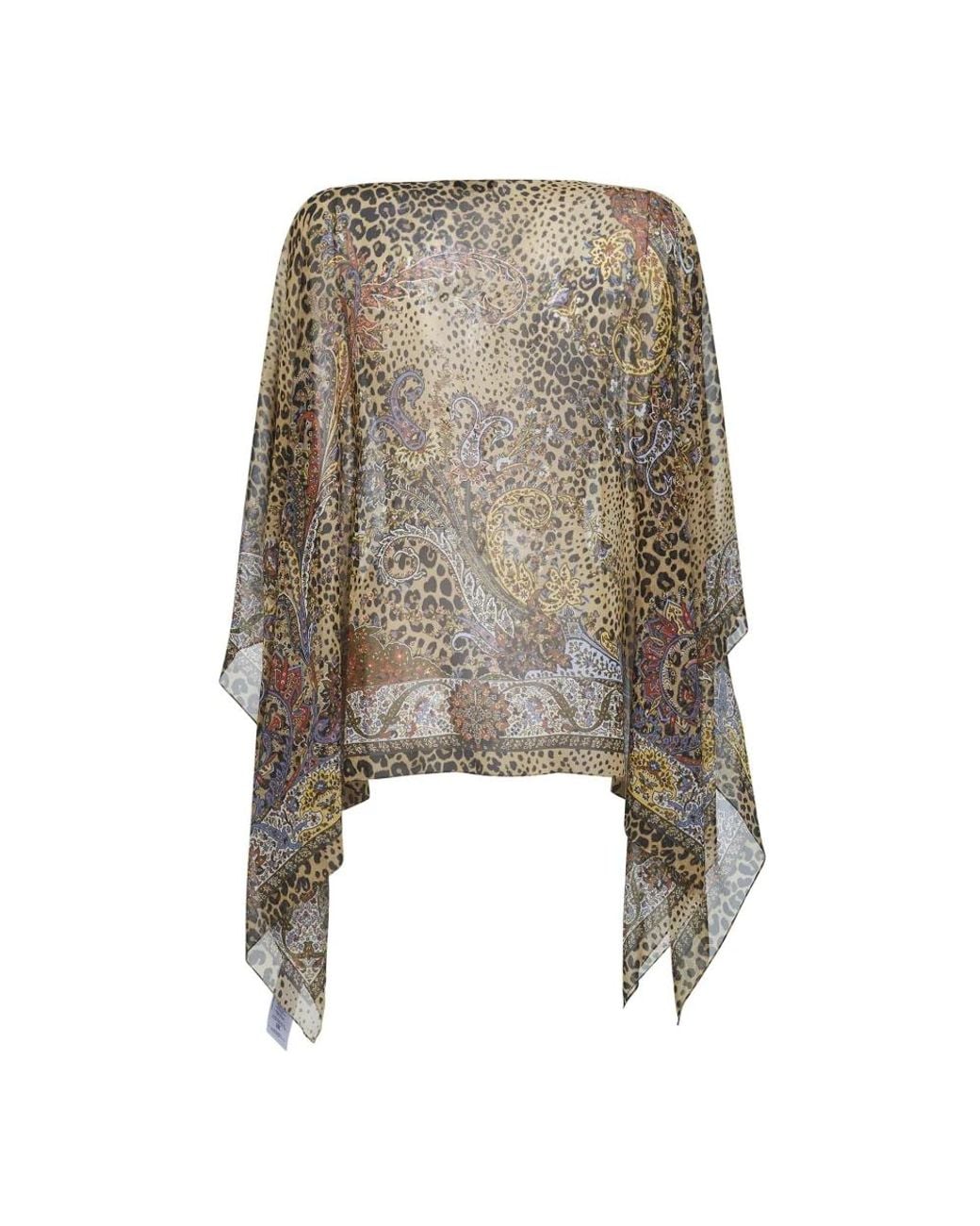 Etro Jassen ,Bruin ,Zijden Poncho Top Met Paisley- En Diermotief in het Natural