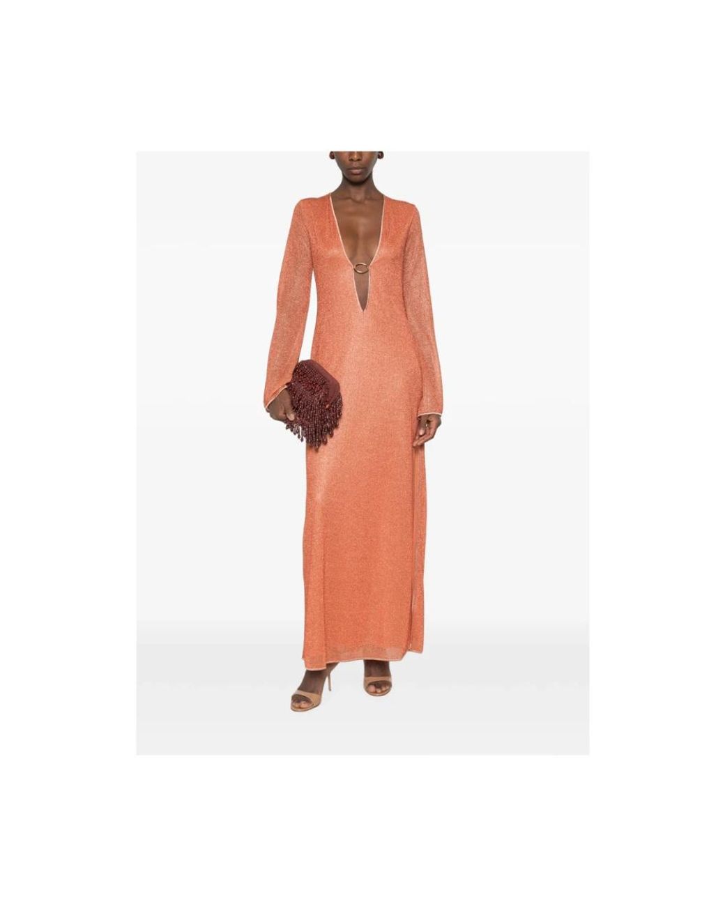 Oseree Orange Lurex-Detail Cut-Out Dress