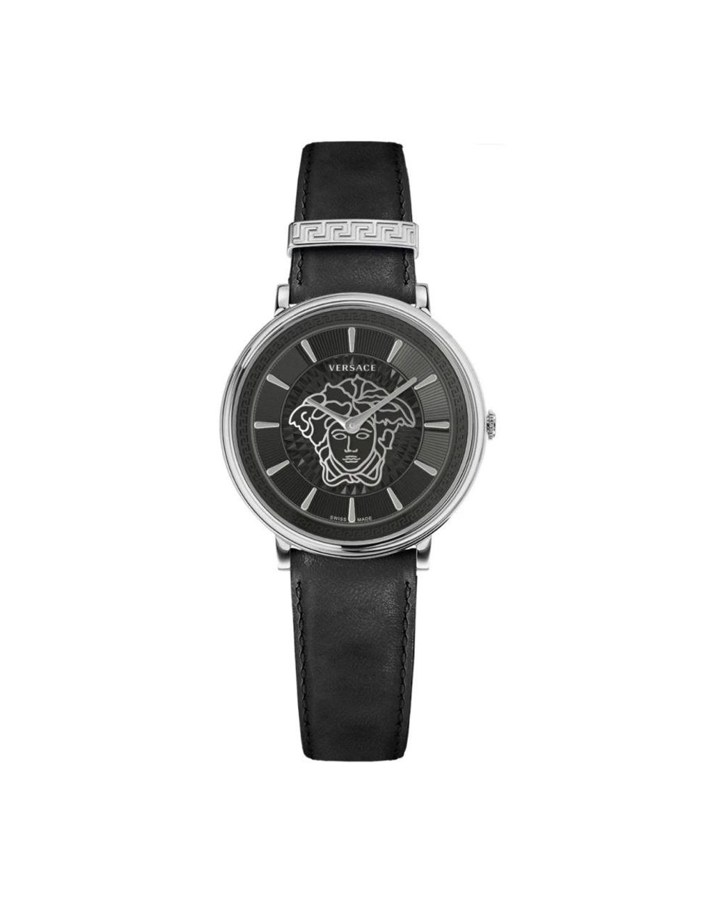 Versace V Circle Leather Strap Watch in het Gray