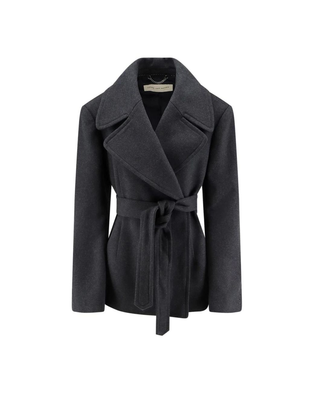 Dries Van Noten Jassen ,Grijs ,Katoen Grijze Geknoopte Jas Met Peak Revers in het Black