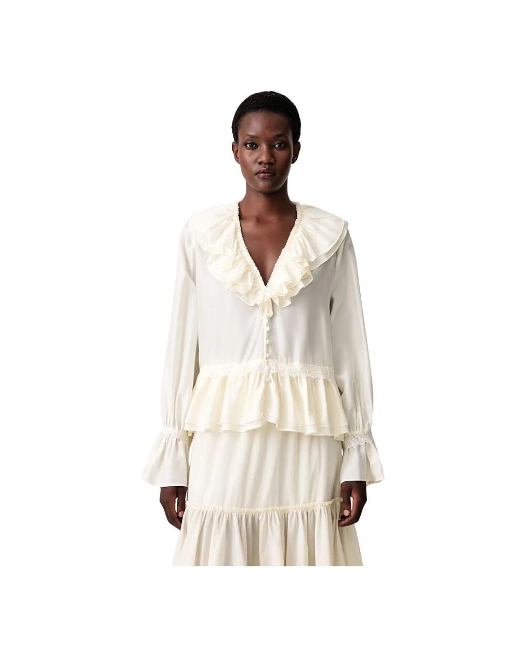 Ganni Overhemden ,Polyester Habotai Frill Blouse in het Natural
