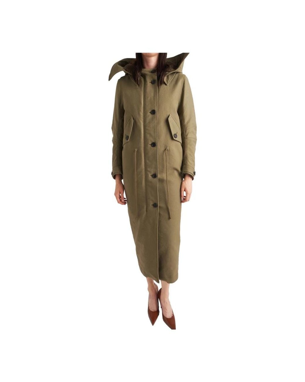 Parka Largo Verde Militar Con Capucha Desmontable, Mujer, Talla Prada de color Green