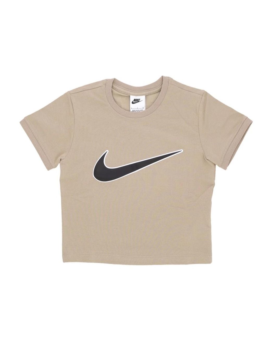 Nike Fitness ,Bruin ,Katoen Swoosh Logo Cropped T-Shirt Khaki in het Natural