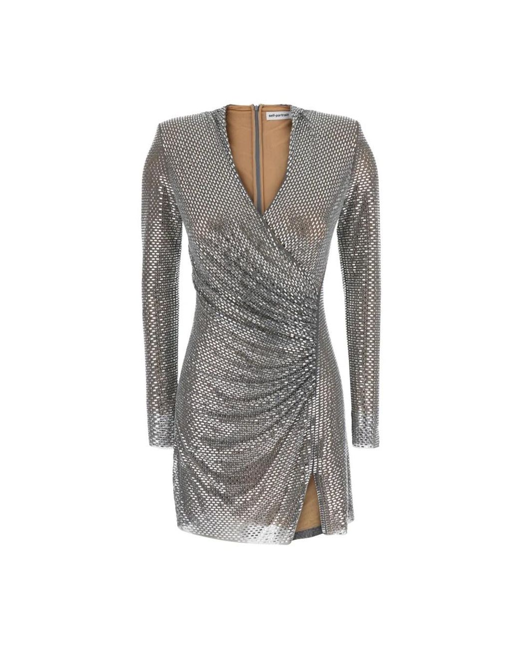 Self-Portrait Rhinestone Mesh Wrap Mini Jurk in het Gray